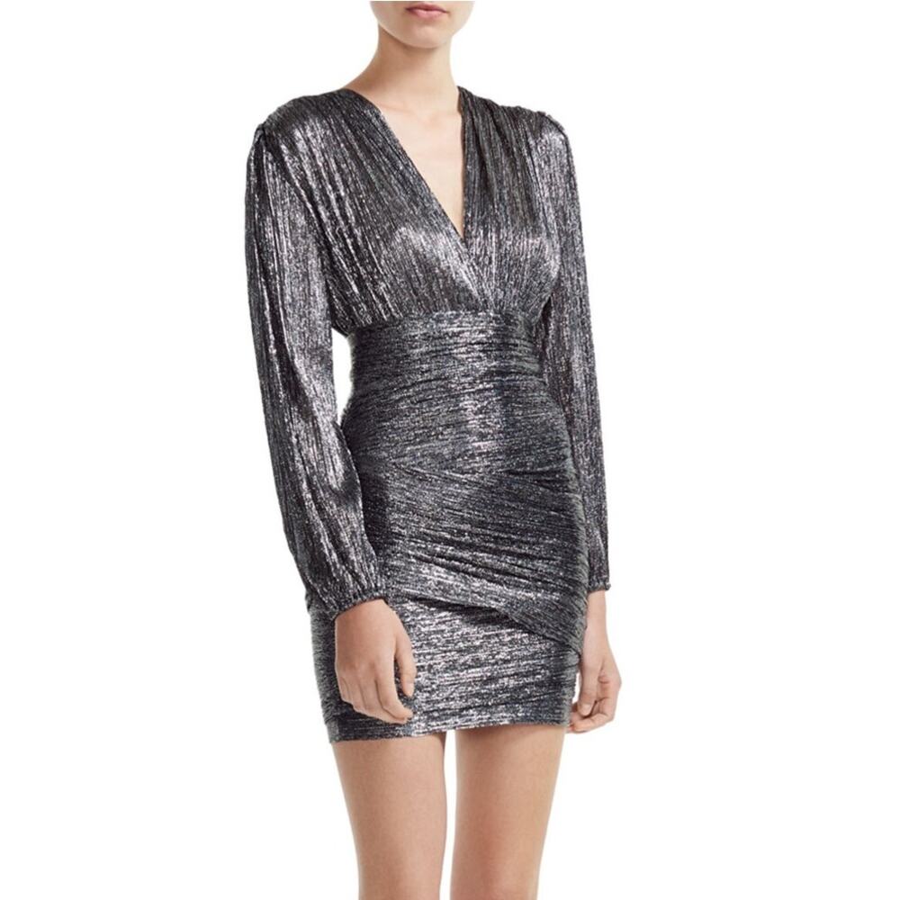 Maje Metallic Dress Womens XS EU 42 Argent Silver Runny Mini Draped Sexy
